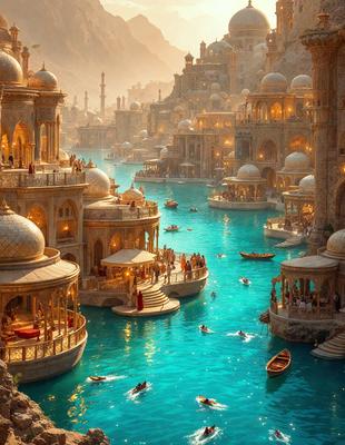 The primary subject of the image is a city with a large body of water, surrounded by buildings and boats. The city is filled with people, and there are numerous boats of various sizes floating on the water. The setting is a beautiful, colorful, and vibrant cityscape, likely a digital art or illustration. The overall atmosphere is lively and bustling, with people enjoying the city's waterfront and the boats navigating the water.